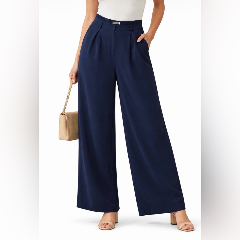 Tranjori Navy Wide Leg Pants Size L High Rise Flowing Dress Pant‎ Career Office
